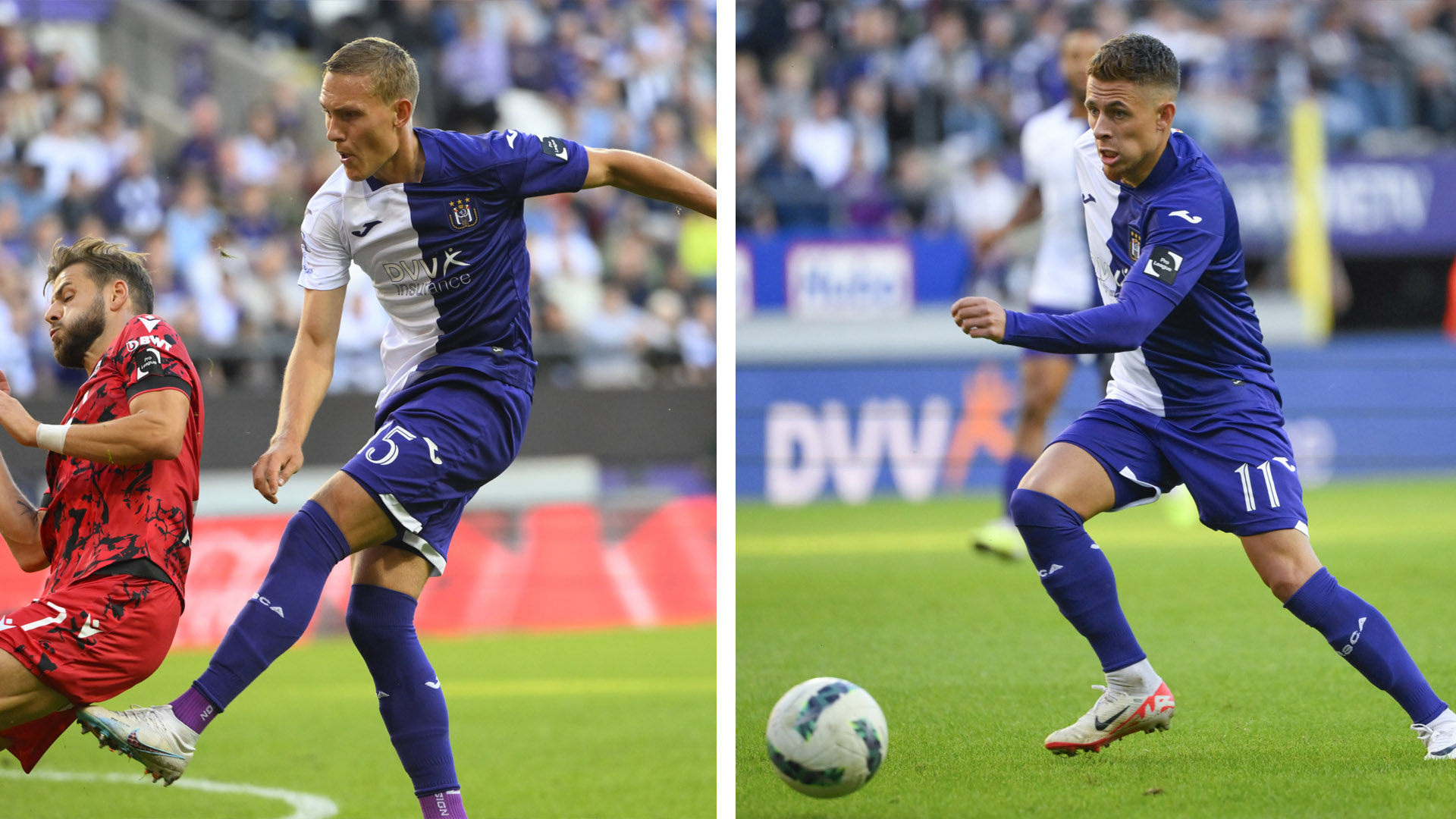 Anderlecht's Lukas Nmecha and Club's Odilon Kossounou fight for the ball  during a soccer match between RSC Anderlecht and Club Brugge KV, Sunday 11  Ap Stock Photo - Alamy